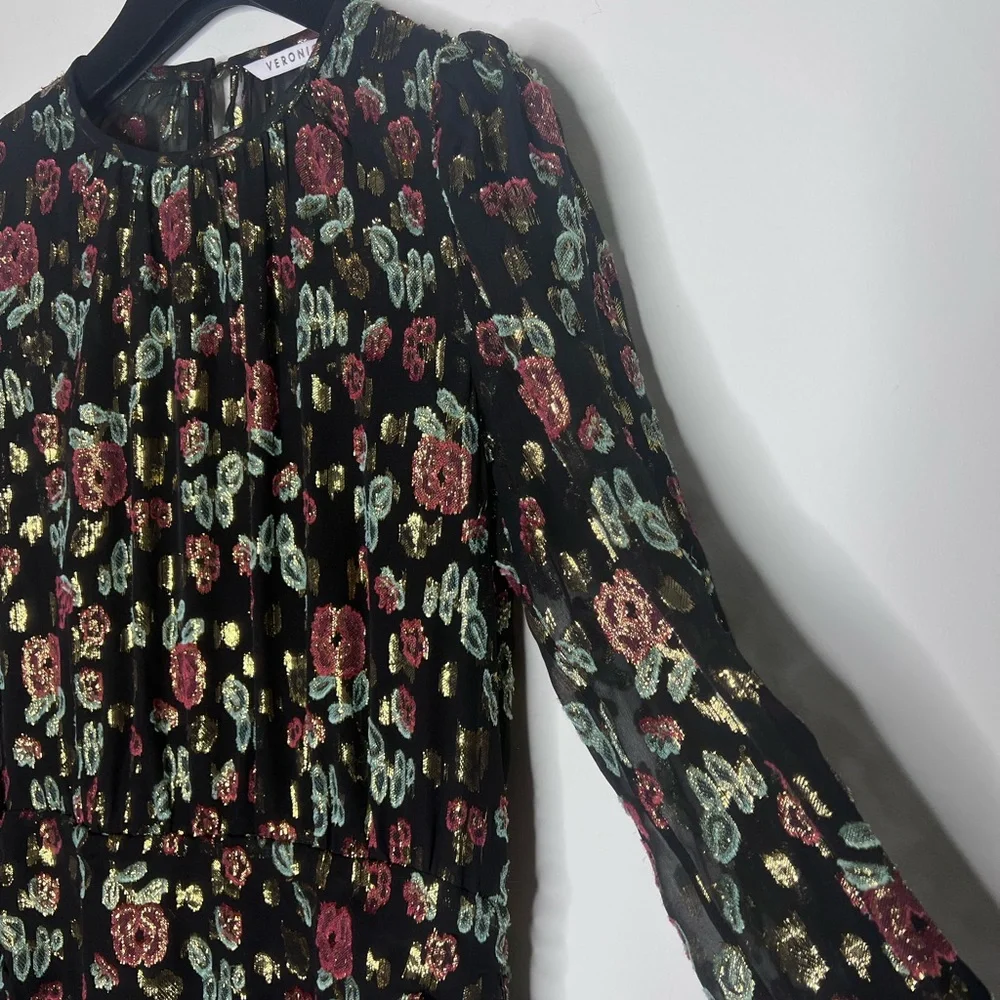 VERONICA BEARD Robin Long Sleeve Metallic Silk Mini Dress Black Floral Sz 2. - Picture 5 of 7
